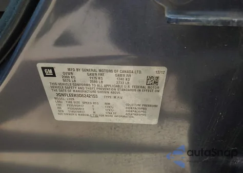 2013 Chevrolet Equinox 1Lt из США, поврежденный, VIN 2GNFLEEK9D6242153